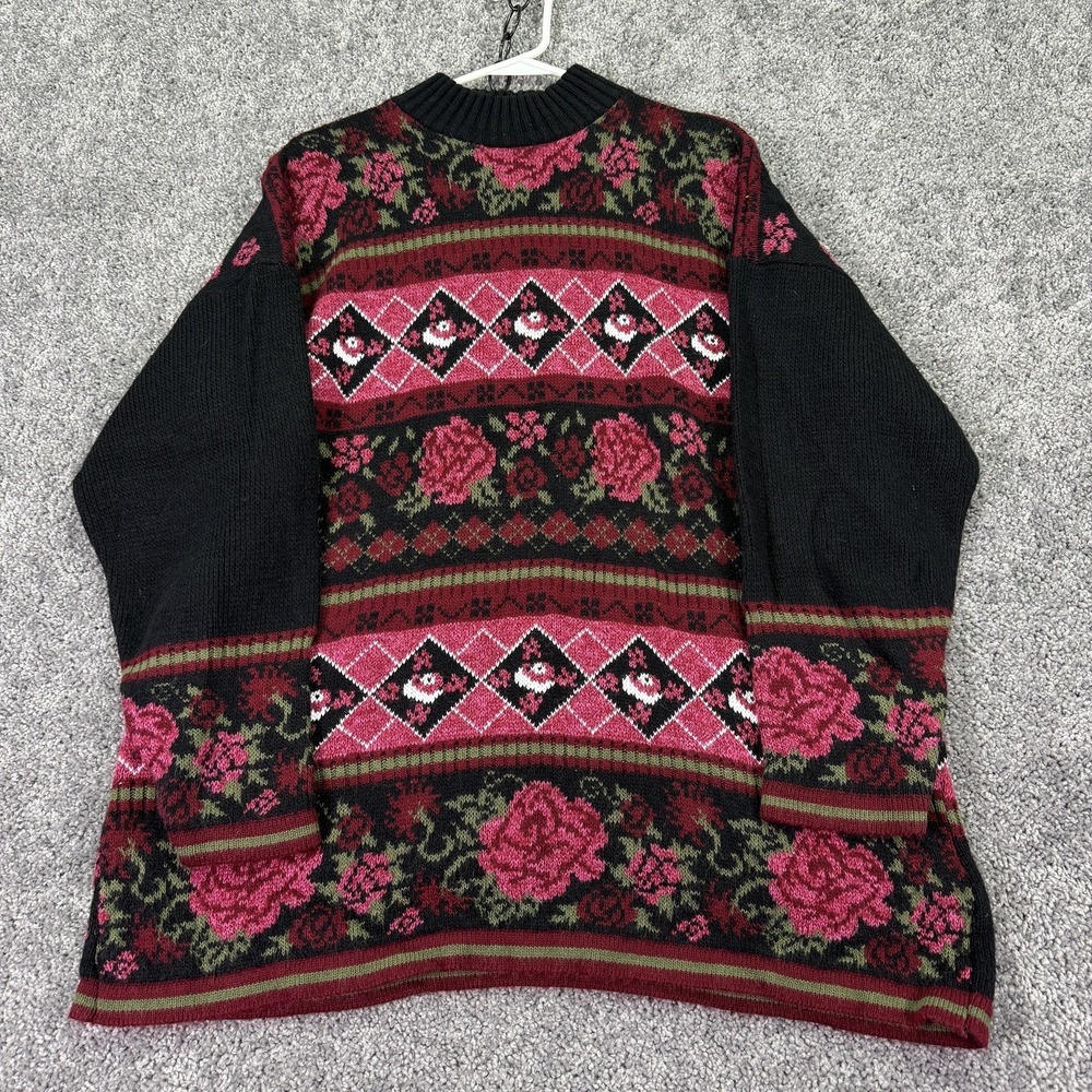 Vtg Willow Bay Sweater Womens 2X Black Rose Floral Crew Neck Knit Pullover Plus